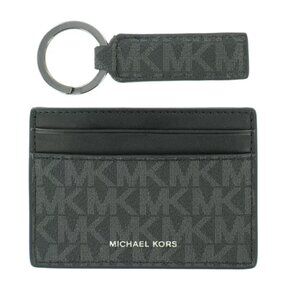 Michael Kors Black Leather Logo Credit Card Holder + Key Ring Set